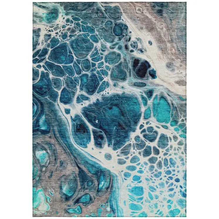 8' X 10' Teal Blue And Navy Blue Nautical Washable Indoor Outdoor Area Rug