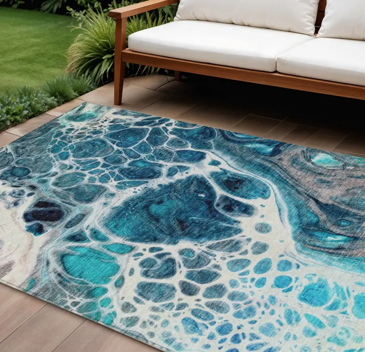 8' X 10' Teal Blue And Navy Blue Nautical Washable Indoor Outdoor Area Rug