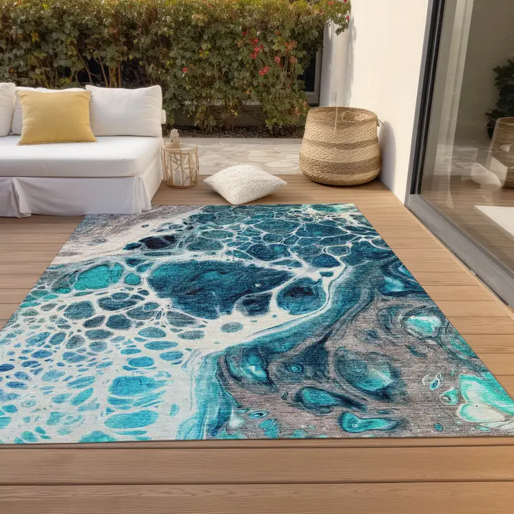 8' X 10' Teal Blue And Navy Blue Nautical Washable Indoor Outdoor Area Rug