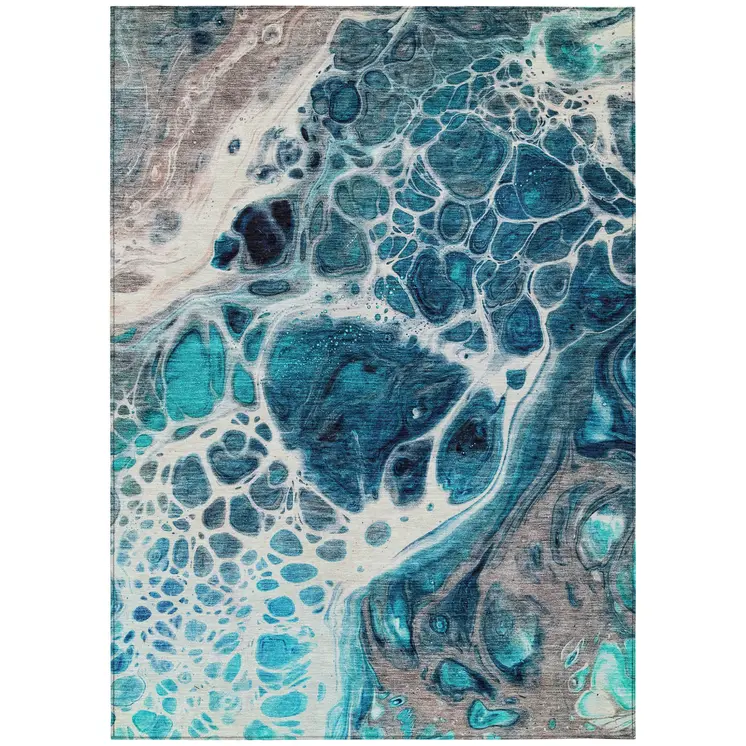 8' X 10' Teal Blue And Navy Blue Nautical Washable Indoor Outdoor Area Rug