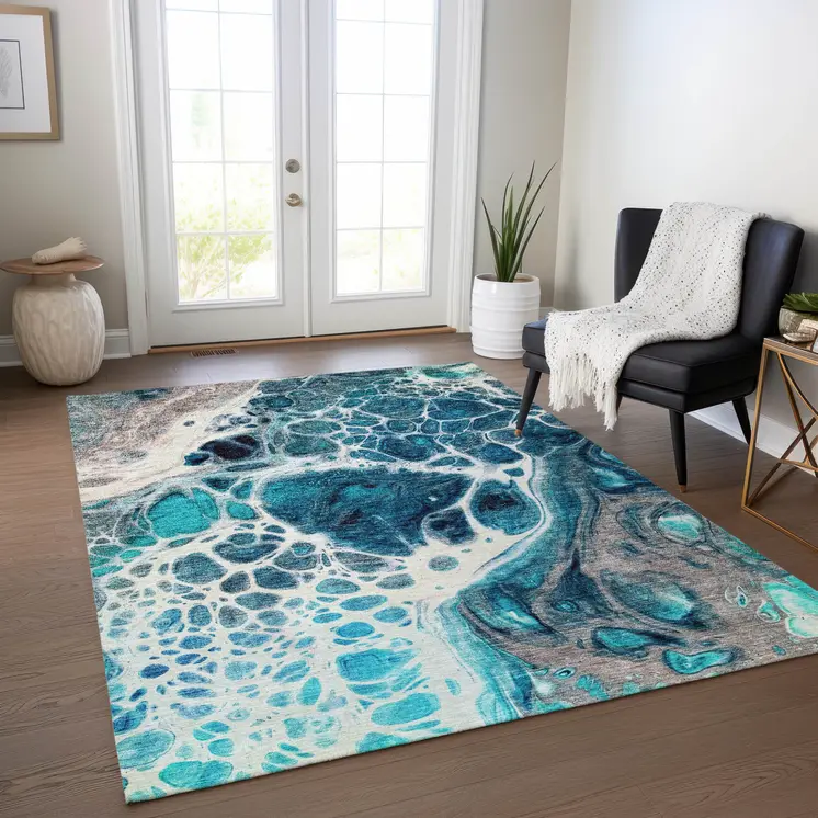 8' X 10' Teal Blue And Navy Blue Nautical Washable Indoor Outdoor Area Rug