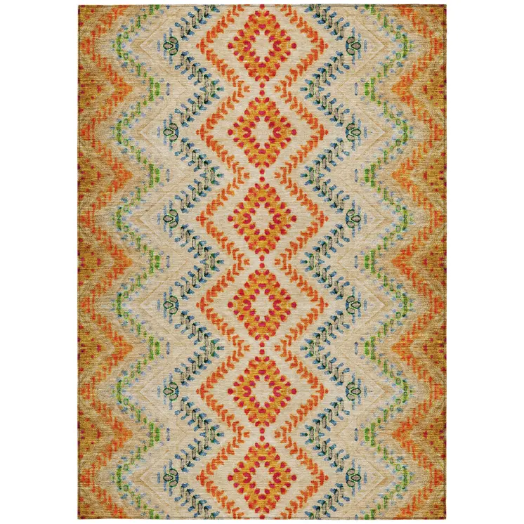 3' X 5' Beige Orange And Red Geometric Washable Indoor Outdoor Area Rug