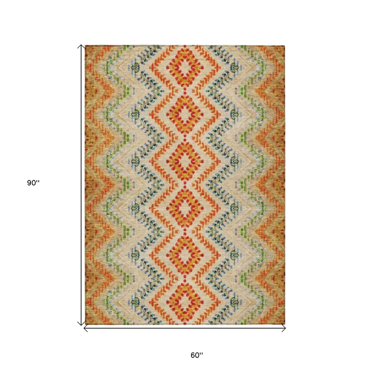 5' X 8' Beige Orange And Red Geometric Washable Indoor Outdoor Area Rug