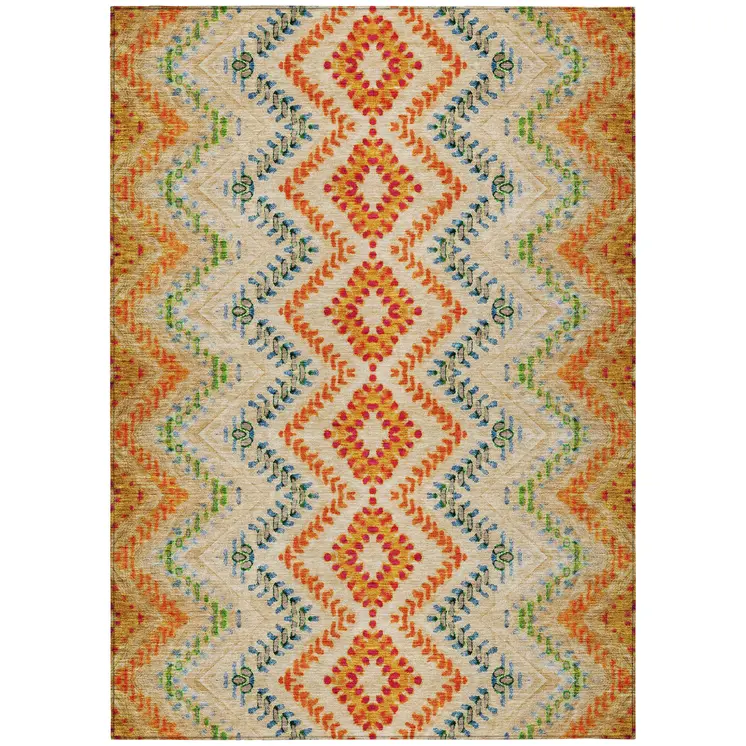 5' X 8' Beige Orange And Red Geometric Washable Indoor Outdoor Area Rug