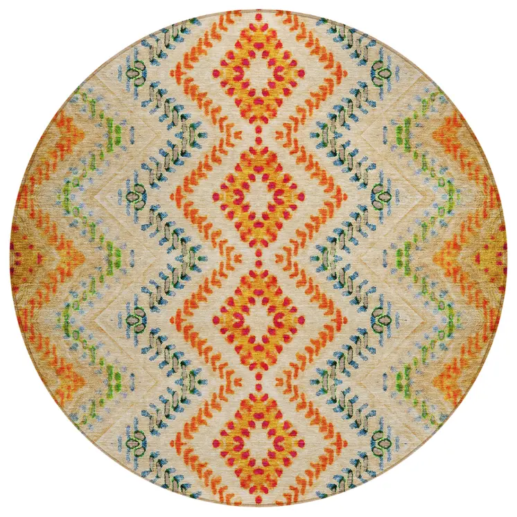 8' Beige Orange And Red Round Geometric Washable Indoor Outdoor Area Rug