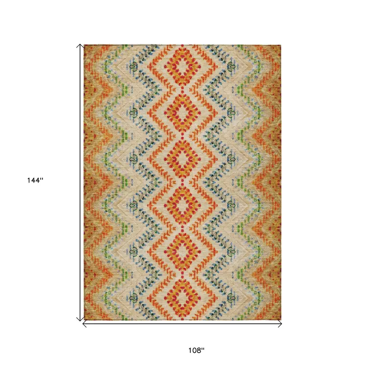 9' X 12' Beige Orange And Red Geometric Washable Indoor Outdoor Area Rug