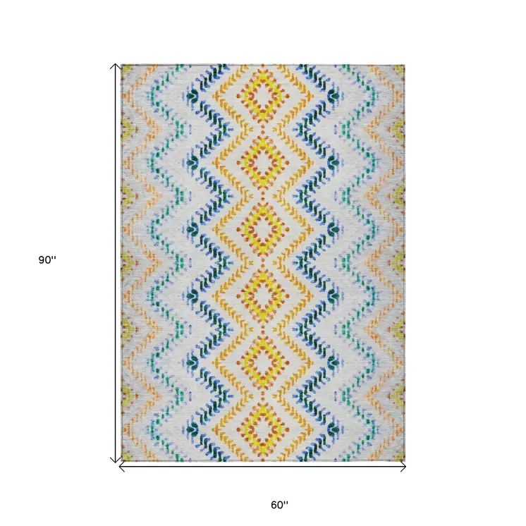 5' X 8' Ivory Blue And Purple Geometric Washable Indoor Outdoor Area Rug