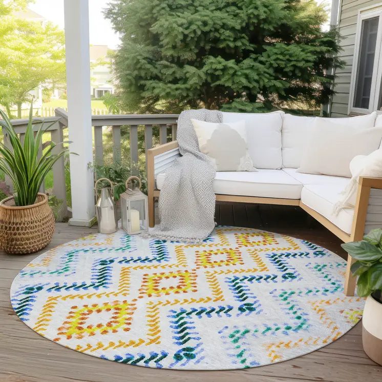 8' Ivory Blue And Purple Round Geometric Washable Indoor Outdoor Area Rug