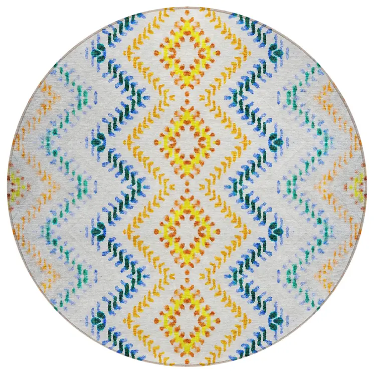 8' Ivory Blue And Purple Round Geometric Washable Indoor Outdoor Area Rug