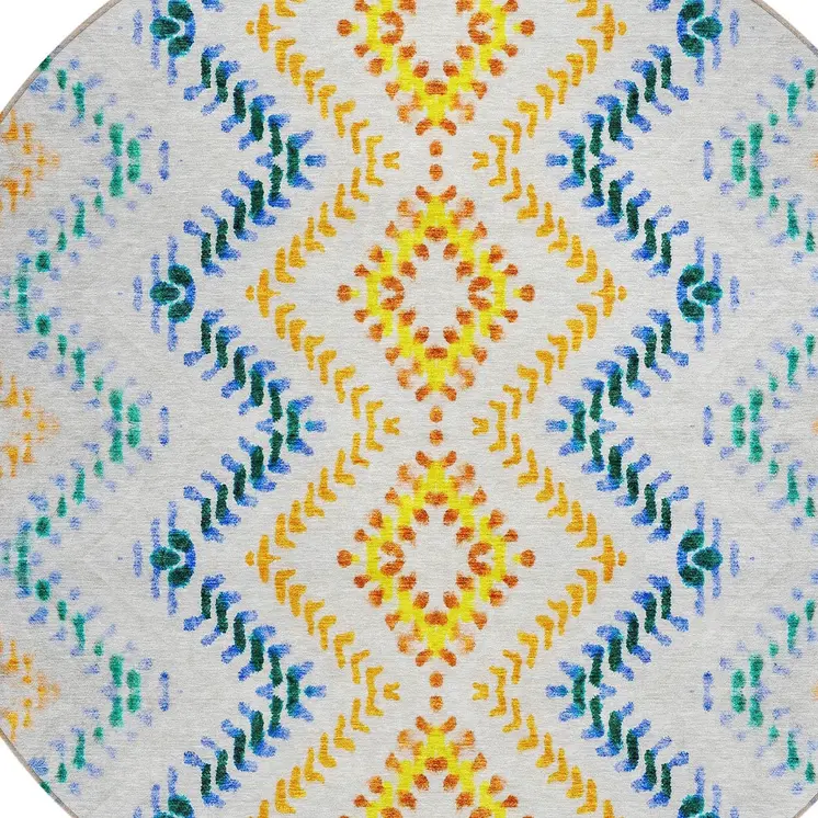 8' Ivory Blue And Purple Round Geometric Washable Indoor Outdoor Area Rug