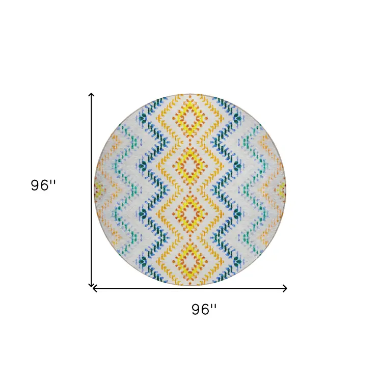 8' Ivory Blue And Purple Round Geometric Washable Indoor Outdoor Area Rug