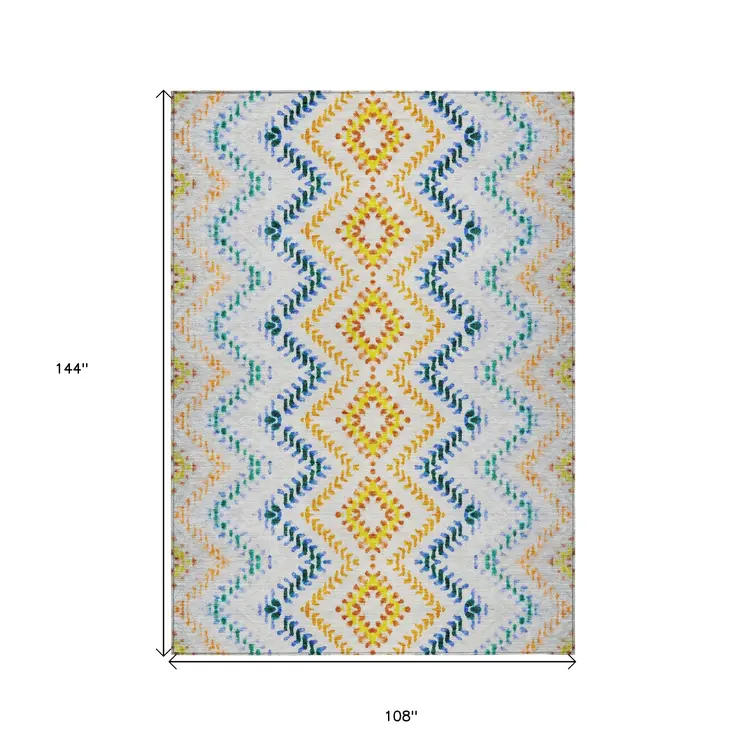 9' X 12' Ivory Blue And Purple Geometric Washable Indoor Outdoor Area Rug