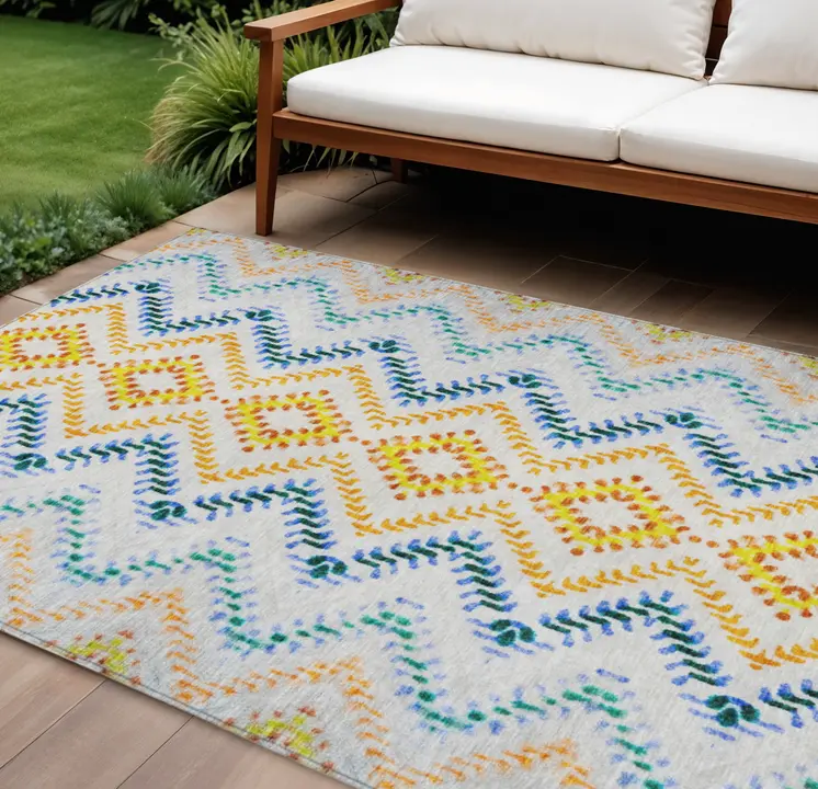 9' X 12' Ivory Blue And Purple Geometric Washable Indoor Outdoor Area Rug
