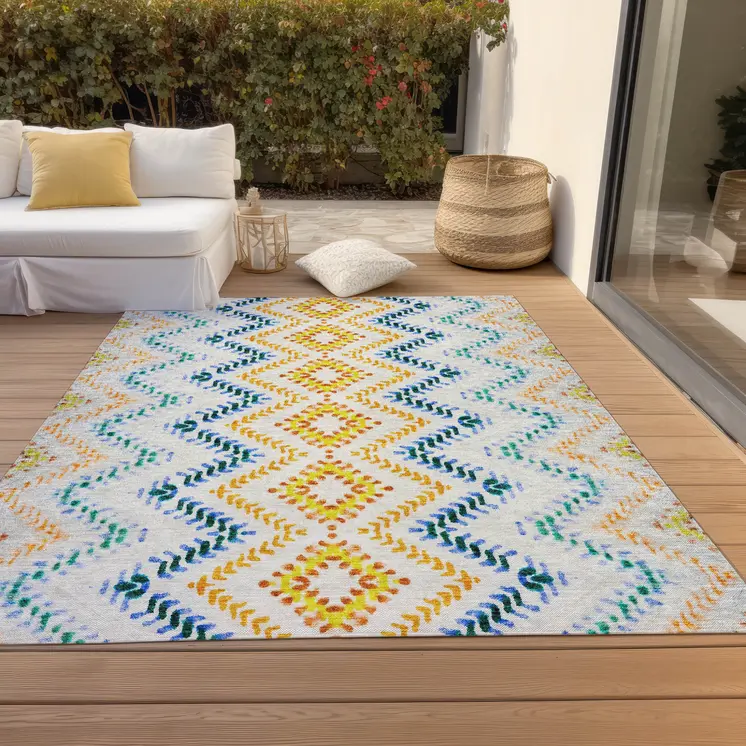 9' X 12' Ivory Blue And Purple Geometric Washable Indoor Outdoor Area Rug