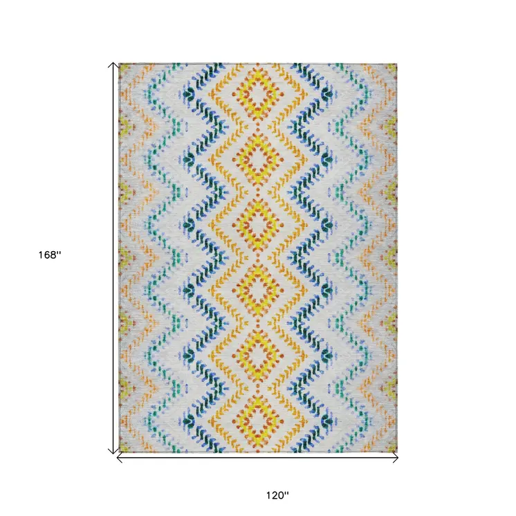 10' X 14' Ivory Blue And Purple Geometric Washable Indoor Outdoor Area Rug