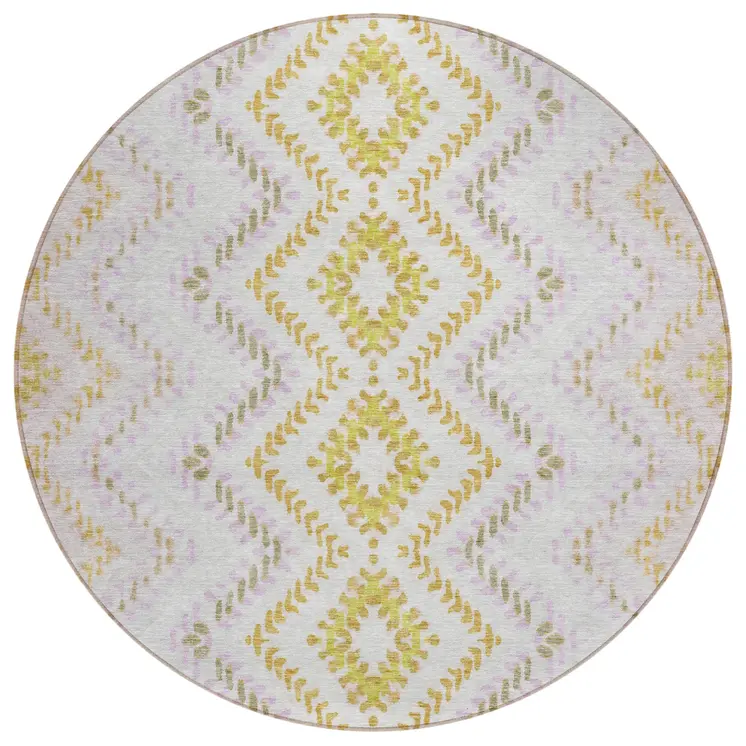 8' Pearl Ivory And Artichoke Green Round Geometric Washable Indoor Outdoor Area Rug