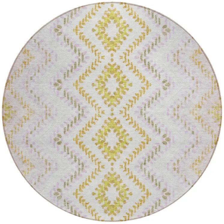 8' Pearl Ivory And Artichoke Green Round Geometric Washable Indoor Outdoor Area Rug