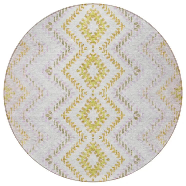 8' Pearl Ivory And Artichoke Green Round Geometric Washable Indoor Outdoor Area Rug