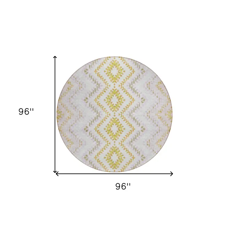 8' Pearl Ivory And Artichoke Green Round Geometric Washable Indoor Outdoor Area Rug