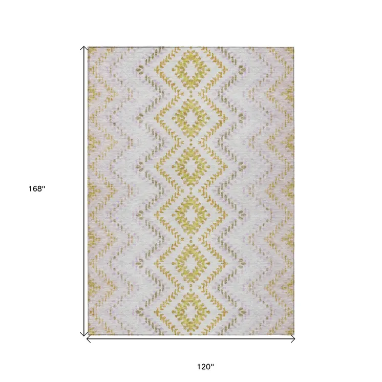 10' X 14' Pearl Ivory And Artichoke Green Geometric Washable Indoor Outdoor Area Rug
