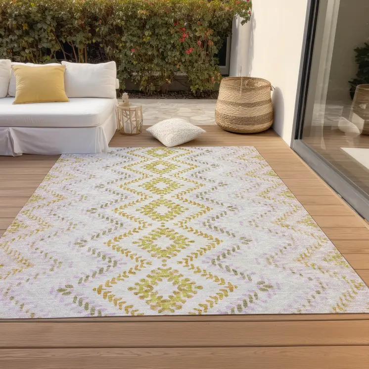 10' X 14' Pearl Ivory And Artichoke Green Geometric Washable Indoor Outdoor Area Rug