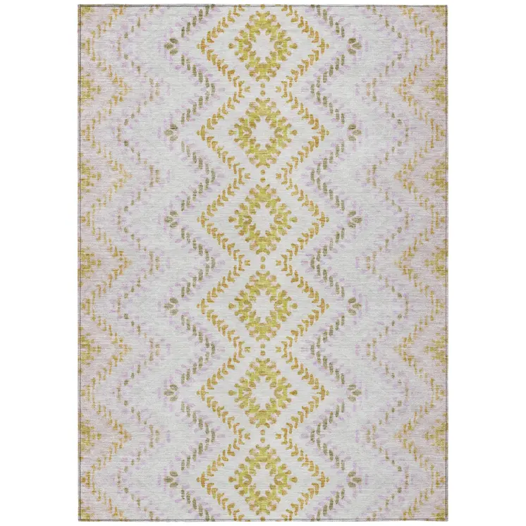 10' X 14' Pearl Ivory And Artichoke Green Geometric Washable Indoor Outdoor Area Rug