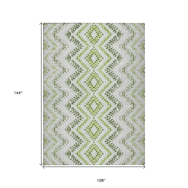 9' X 12' Green Ivory And Gray Geometric Washable Indoor Outdoor Area Rug