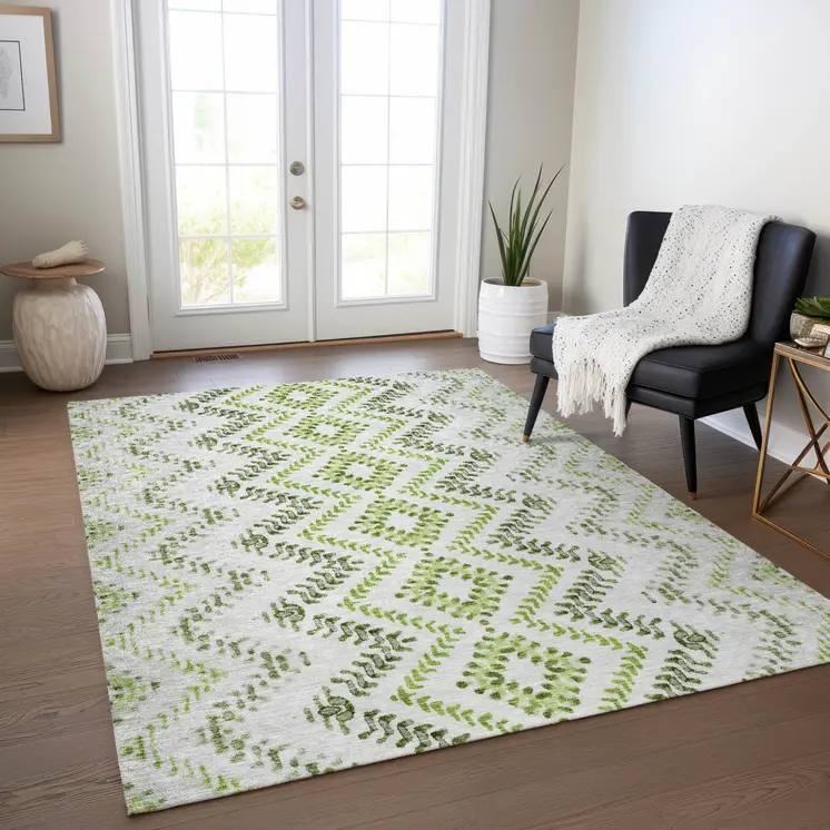 9' X 12' Green Ivory And Gray Geometric Washable Indoor Outdoor Area Rug