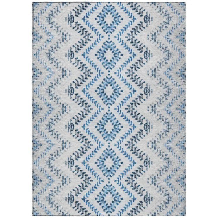 5' X 8' Navy Blue And Denim Blue Geometric Washable Indoor Outdoor Area Rug