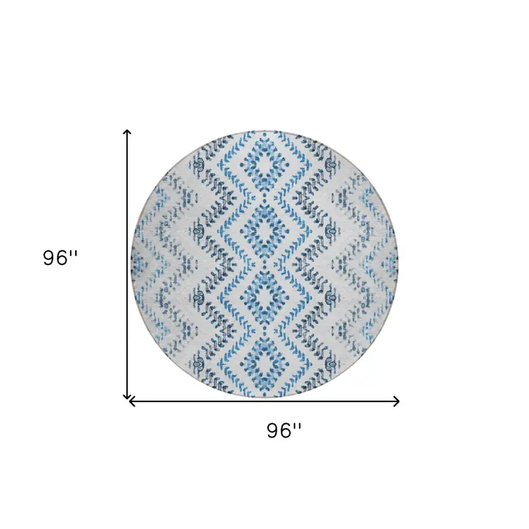 8' Navy Blue And Denim Blue Round Geometric Washable Indoor Outdoor Area Rug