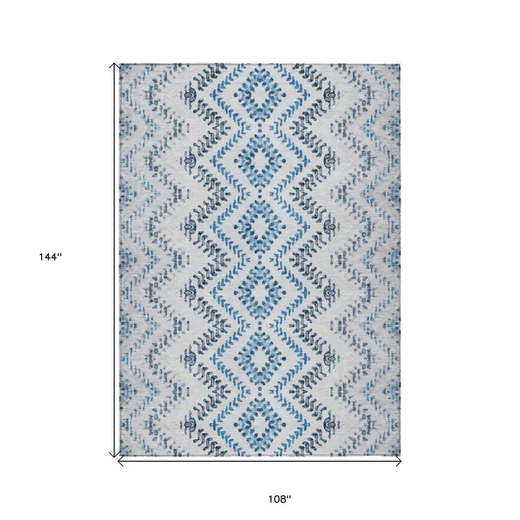 9' X 12' Navy Blue And Denim Blue Geometric Washable Indoor Outdoor Area Rug