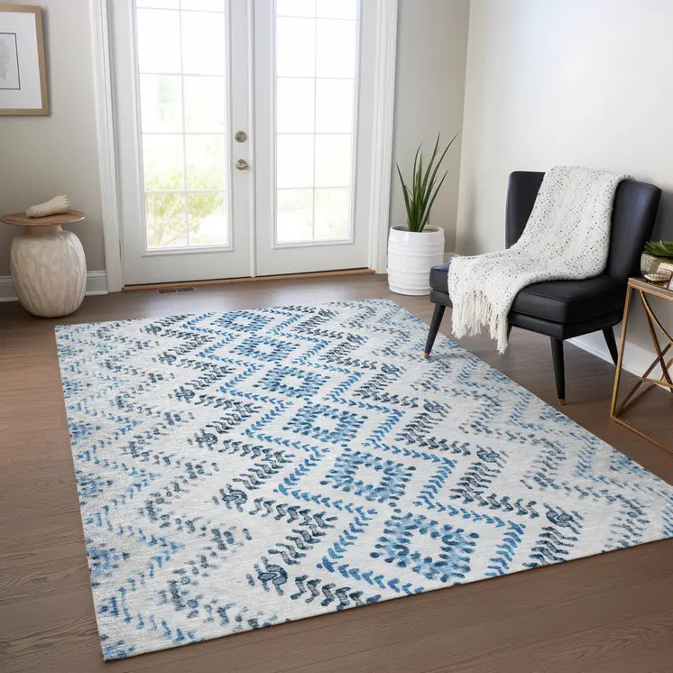 9' X 12' Navy Blue And Denim Blue Geometric Washable Indoor Outdoor Area Rug