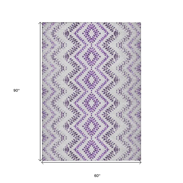 5' X 8' Purple Eggplant And Lavender Geometric Washable Indoor Outdoor Area Rug
