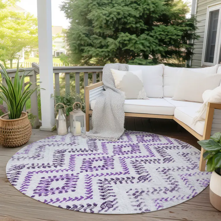 8' Purple Eggplant And Lavender Round Geometric Washable Indoor Outdoor Area Rug