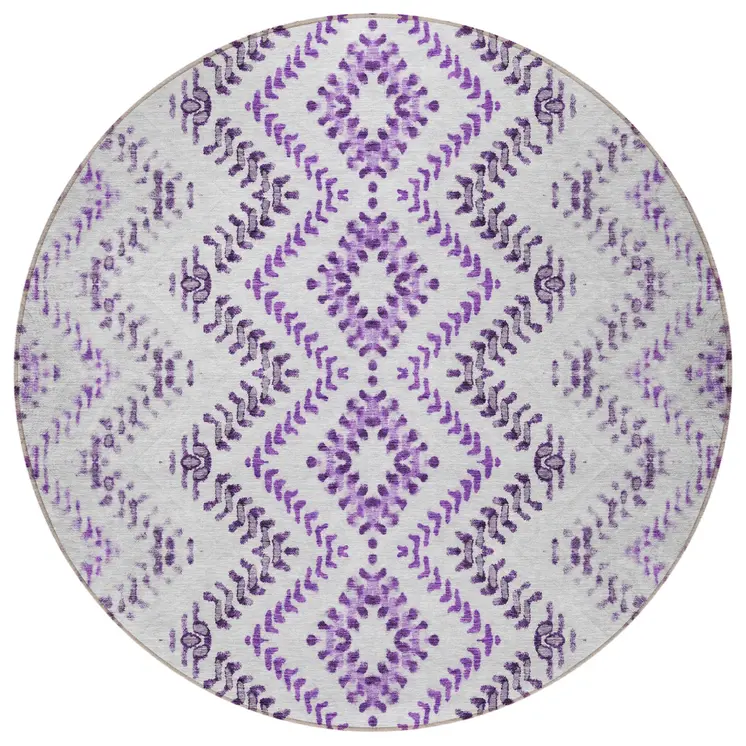 8' Purple Eggplant And Lavender Round Geometric Washable Indoor Outdoor Area Rug