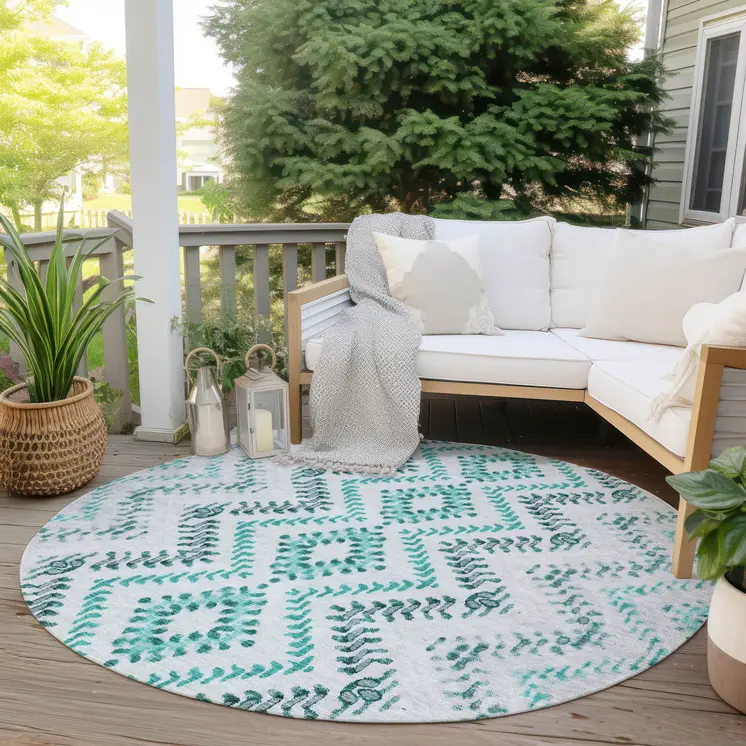 8' Teal Blue Aqua And Gray Round Geometric Washable Indoor Outdoor Area Rug
