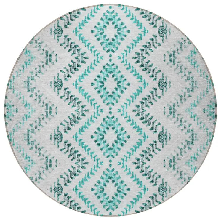 8' Teal Blue Aqua And Gray Round Geometric Washable Indoor Outdoor Area Rug