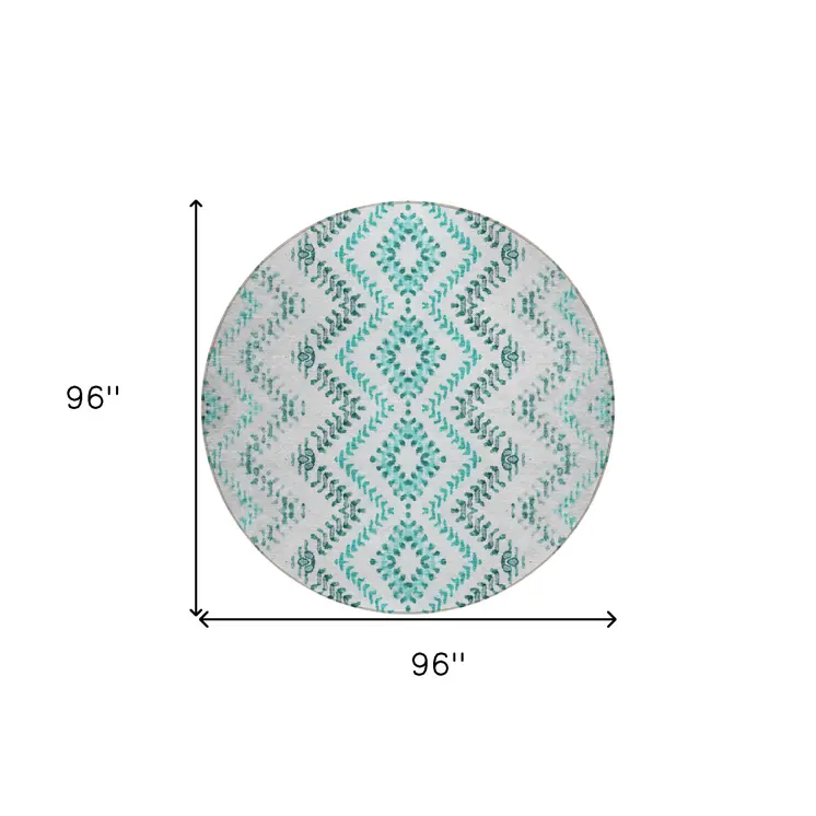 8' Teal Blue Aqua And Gray Round Geometric Washable Indoor Outdoor Area Rug