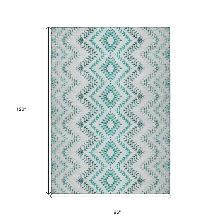 8' X 10' Teal Blue Aqua And Gray Geometric Washable Indoor Outdoor Area Rug