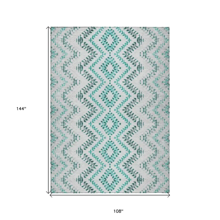 9' X 12' Teal Blue Aqua And Gray Geometric Washable Indoor Outdoor Area Rug