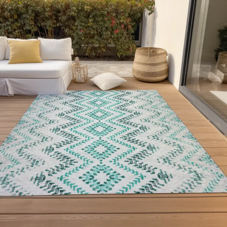9' X 12' Teal Blue Aqua And Gray Geometric Washable Indoor Outdoor Area Rug