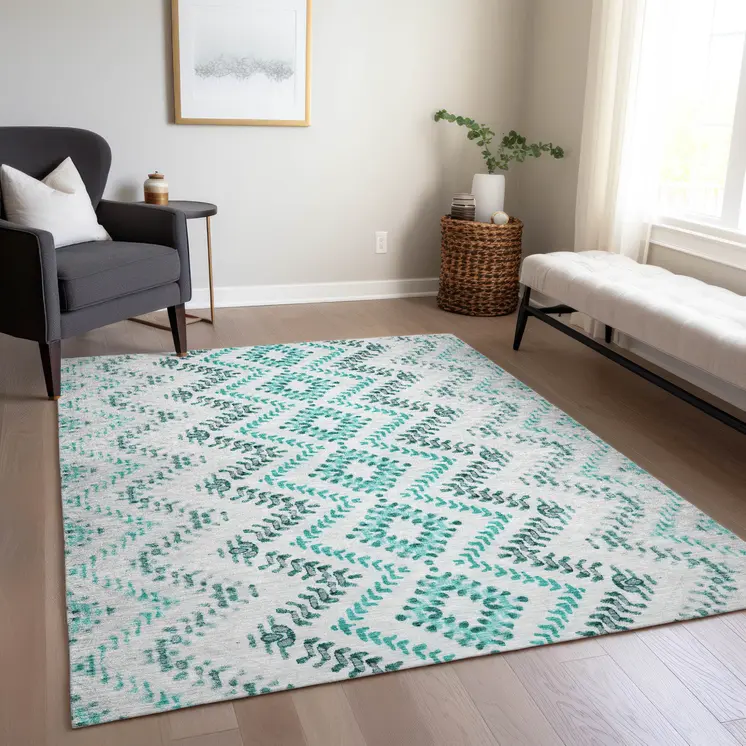 9' X 12' Teal Blue Aqua And Gray Geometric Washable Indoor Outdoor Area Rug