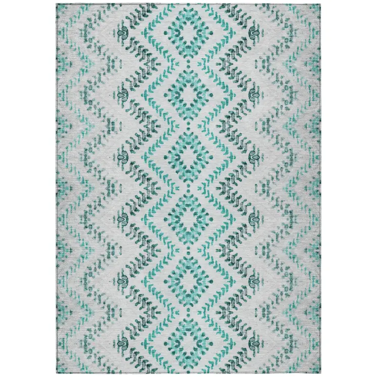 10' X 14' Teal Blue Aqua And Gray Geometric Washable Indoor Outdoor Area Rug