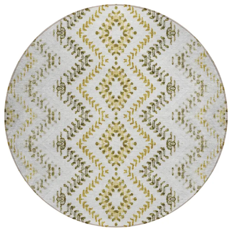 8' Taupe Brown And Ivory Round Geometric Washable Indoor Outdoor Area Rug