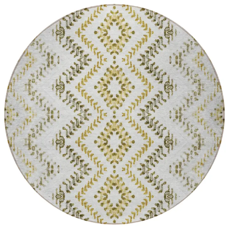 8' Taupe Brown And Ivory Round Geometric Washable Indoor Outdoor Area Rug