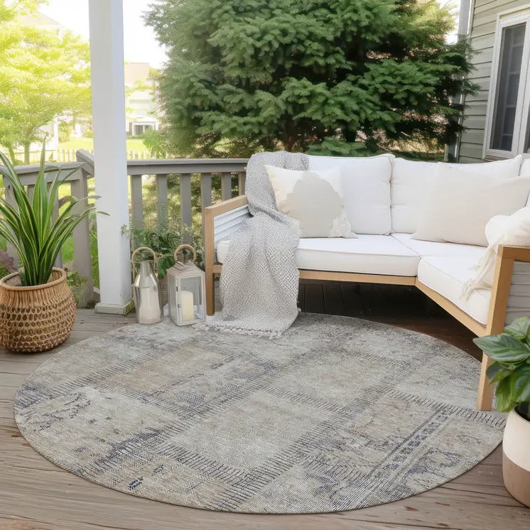8' Beige Taupe And Brown Round Patchwork Washable Indoor Outdoor Area Rug
