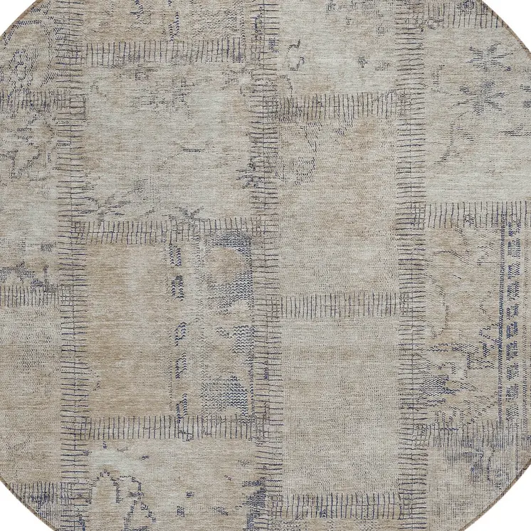 8' Beige Taupe And Brown Round Patchwork Washable Indoor Outdoor Area Rug