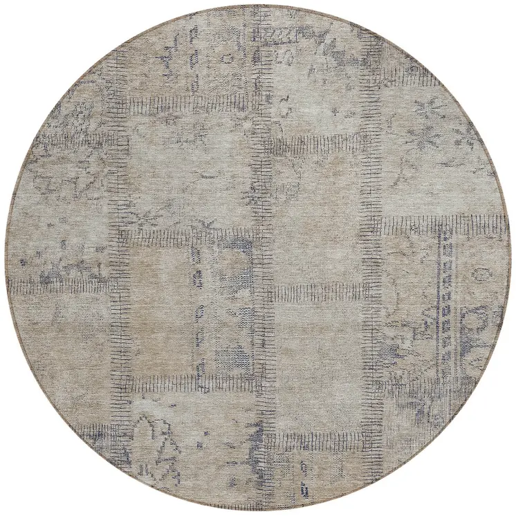 8' Beige Taupe And Brown Round Patchwork Washable Indoor Outdoor Area Rug