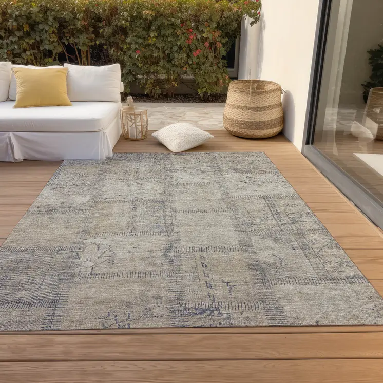 8' X 10' Beige Taupe And Brown Patchwork Washable Indoor Outdoor Area Rug