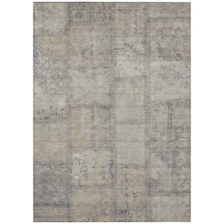 8' X 10' Beige Taupe And Brown Patchwork Washable Indoor Outdoor Area Rug